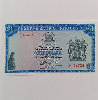 Rhodesia $1 banknote 18 April 1978 uncirculated Rhodes watermark