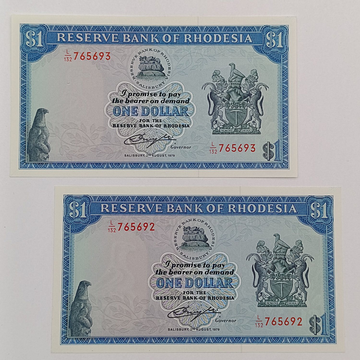 Rhodesia pair of $1 banknotes uncirculated 2 August 1979