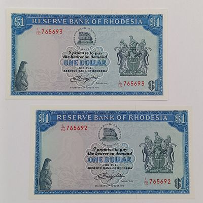Rhodesia pair of $1 banknotes uncirculated 2 August 1979