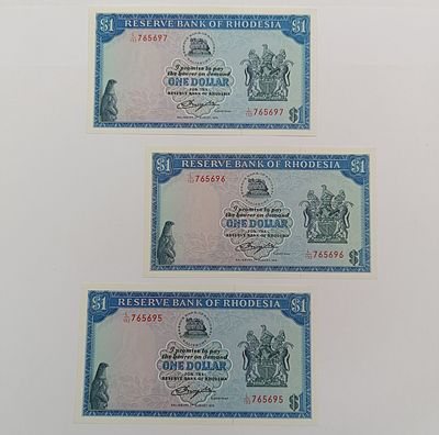 Rhodesia $1 banknote 2 August 1979 lot of 3 with consecutive numbers - uncirculated
