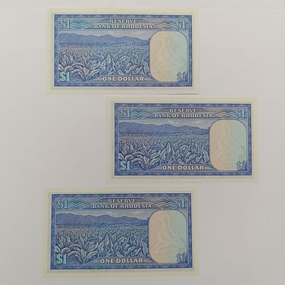 Rhodesia $1 banknote 2 August 1979 lot of 3 with consecutive numbers - uncirculated