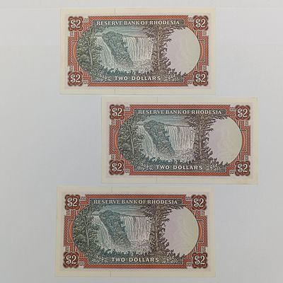 Rhodesia $2 banknotes 24 May 1979 - 3 uncirculated banknotes with consecutive numbers