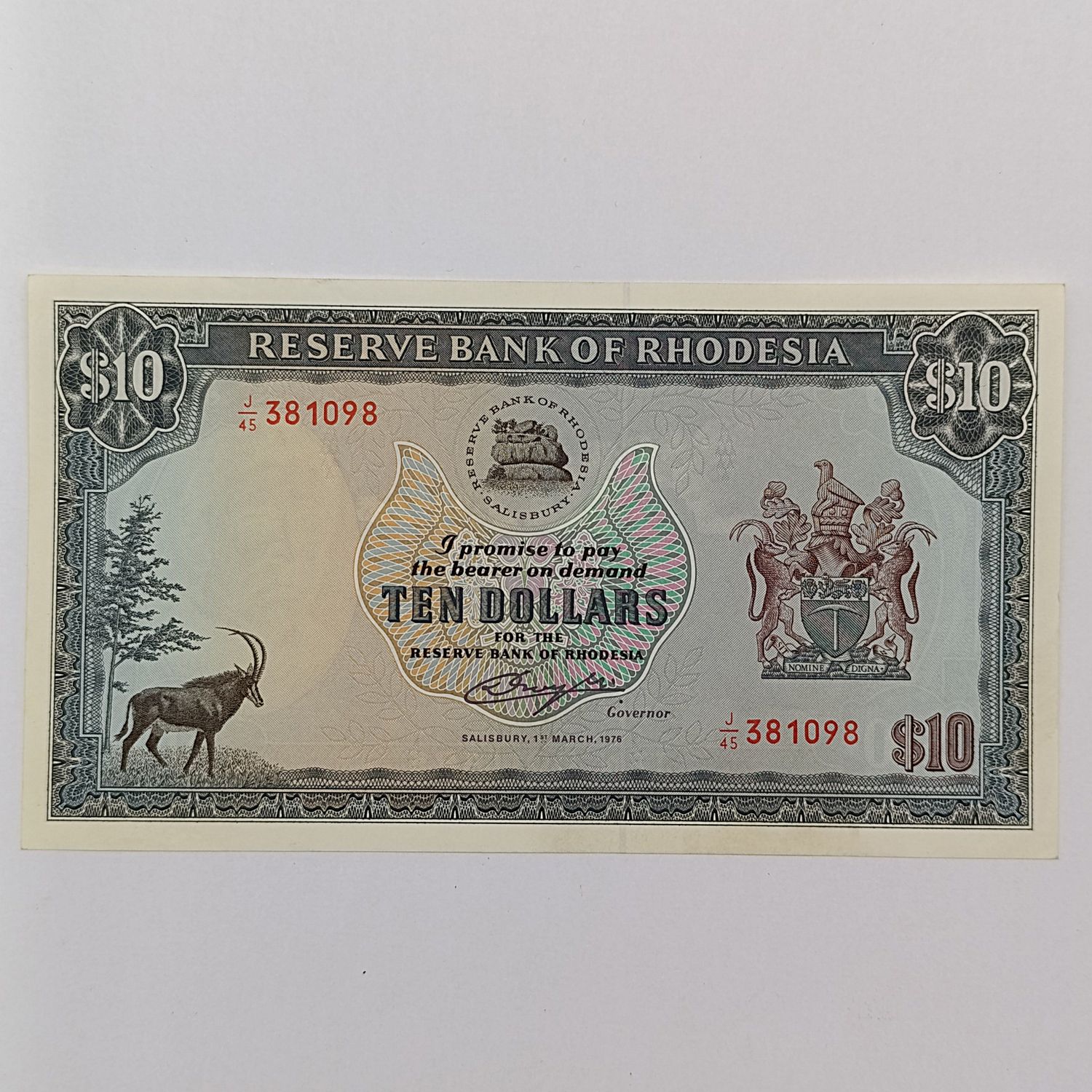 Rhodesia $10 banknote uncirculated with Rhodes watermark 1 March 1976