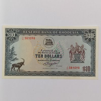 Rhodesia $10 banknote uncirculated with Rhodes watermark 1 March 1976