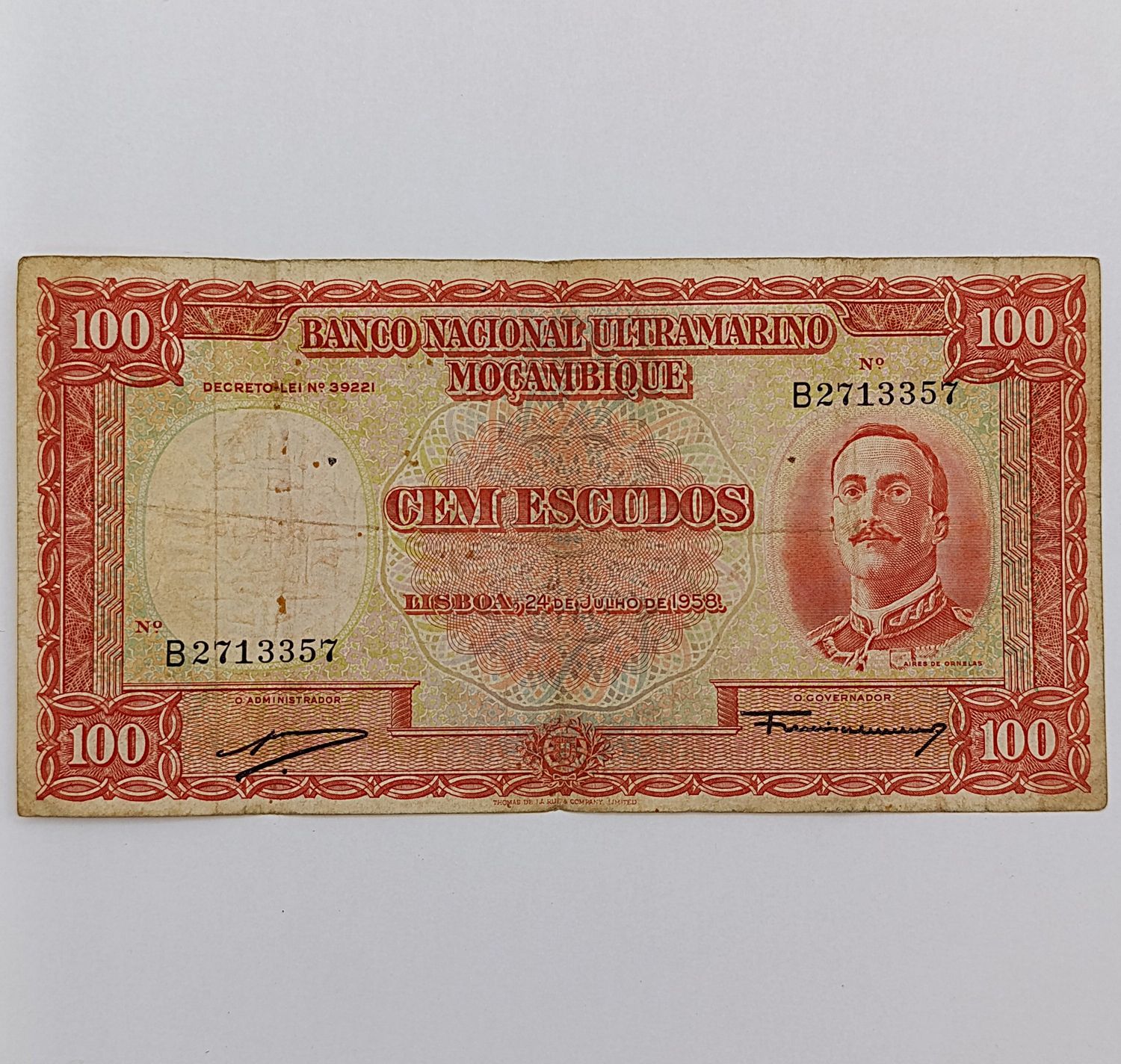 Mozambique 100 Escudos 24/7/1958 Banknote - Fine