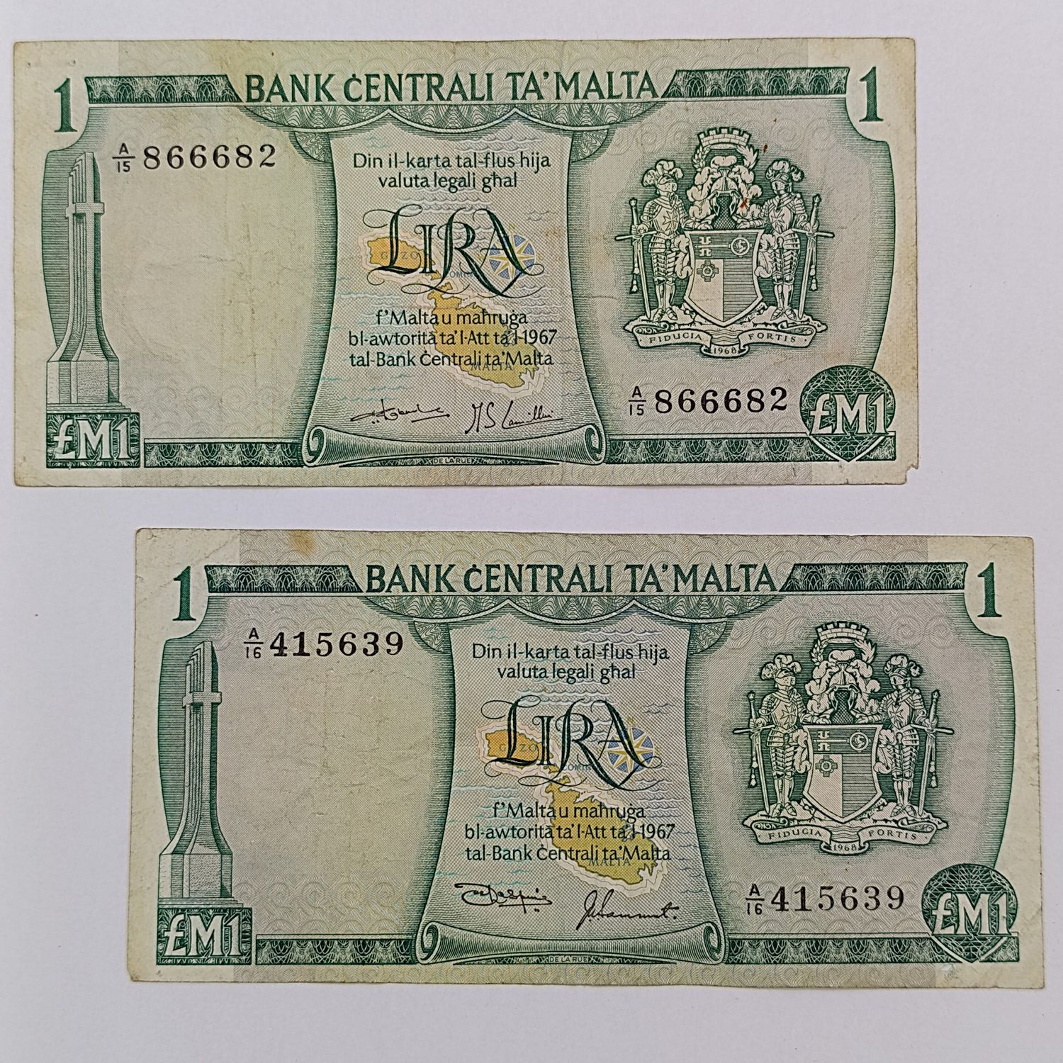 Malta 1967 series 1 Lira / pound banknote A15 and A16 serials different signatures