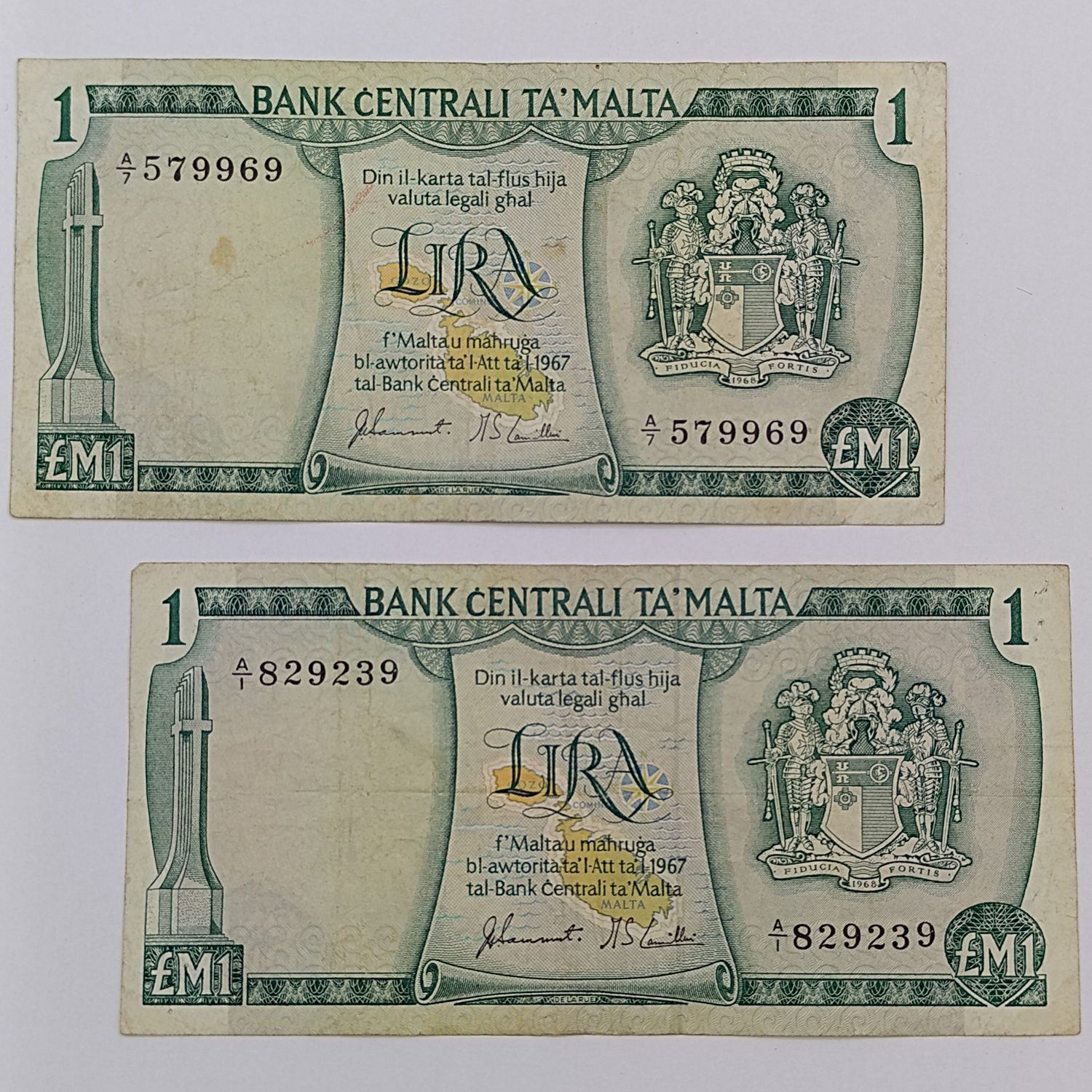 Malta 1967 One Lira/pond notes - A1 and A7 serials