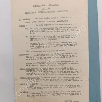 1964 Moth letterhead and photo taken on 50th Anniversary of Armistice Day - on the back rules and constitution of the 6th SAI Association