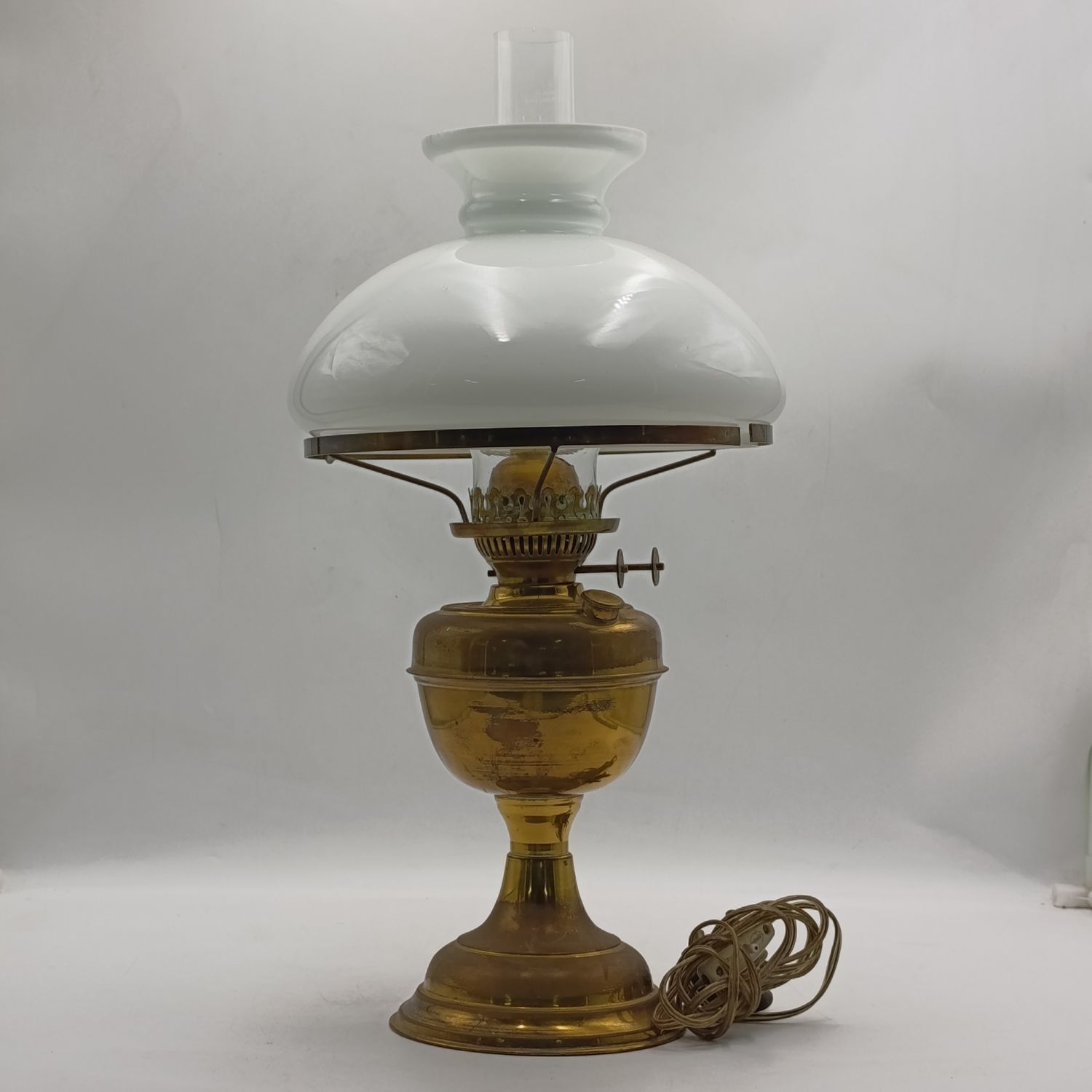 Antique brass lamp with funnel and shade - converted to electric