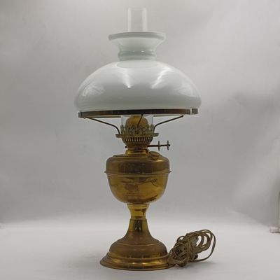 Antique brass lamp with funnel and shade - converted to electric