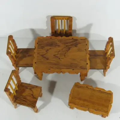 Vintage doll`s furniture - Peg table with 4 chairs and coffee table