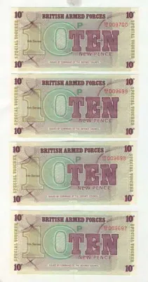 Lot of 8 6th series British Armed Forces 10 pence notes - uncirculated with consecutive numbers