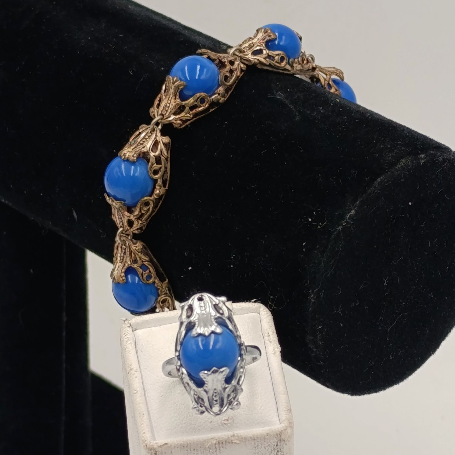 1926 CZECH Art Deco bracelet and ring with blue stones - extra link