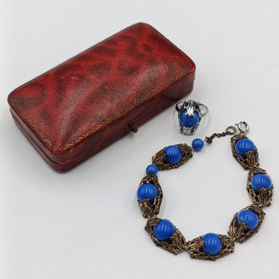 1926 CZECH Art Deco bracelet and ring with blue stones - extra link