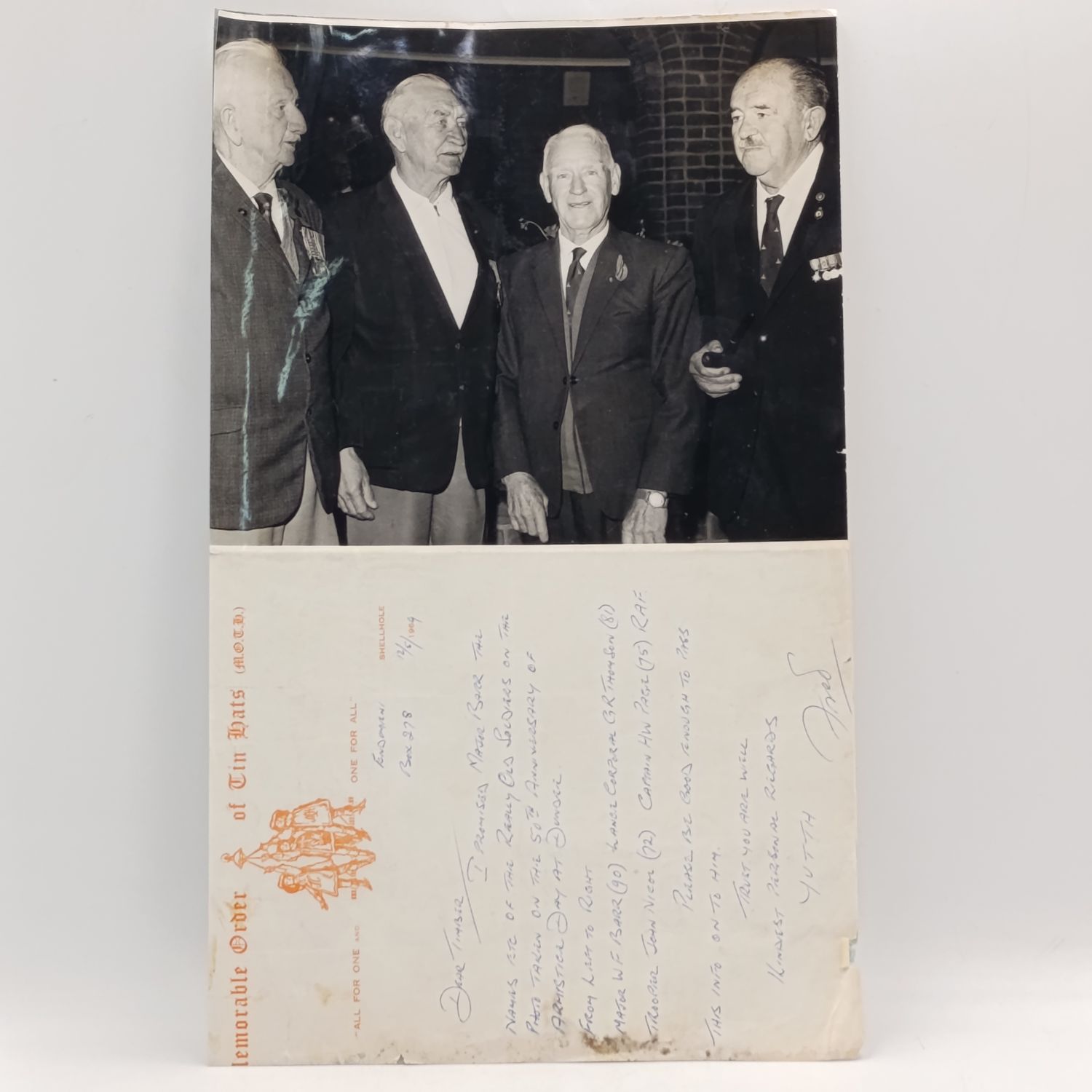 1964 Moth letterhead and photo taken on 50th Anniversary of Armistice Day - on the back rules and constitution of the 6th SAI Association