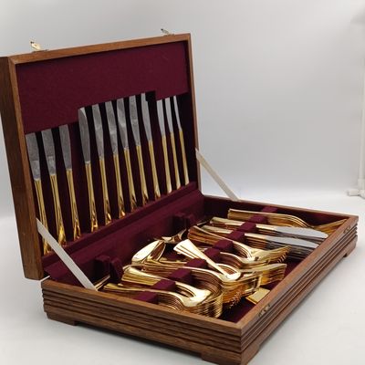 Vintage Goldplated Stainless steel cutlery set in wooden case - 112 pieces