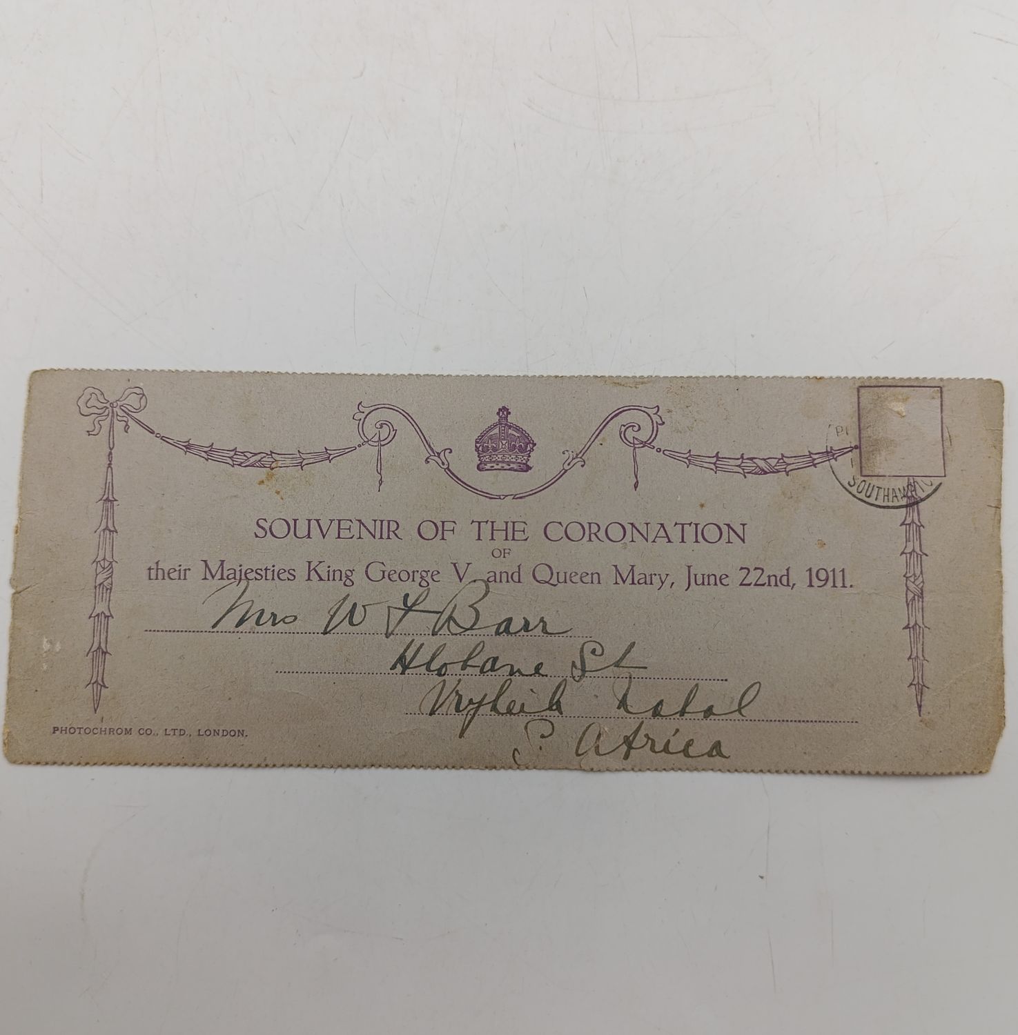 Letter writen to the Braemer Castle ship - on route to Tenerife - discussing personal well being and shipboand activities - 1911 - on Souvenir of the Coronastion of George V