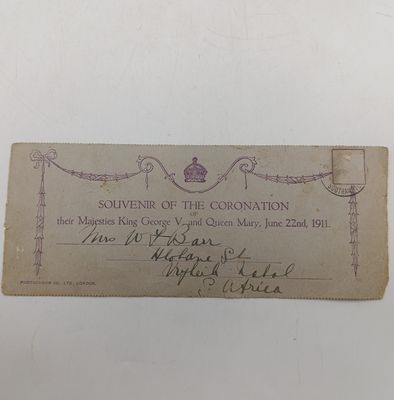 Letter writen to the Braeme Castle ship - on route to Tenerife - discussing personal well being and shipboand activities - 1911 - on Souvenir of the Coronastion of George V
