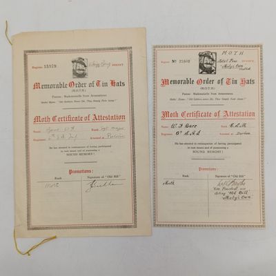 DURBAN Moth old Bill certificate for major WF Barr plus MOTH certificate of Attestation in Pretoria