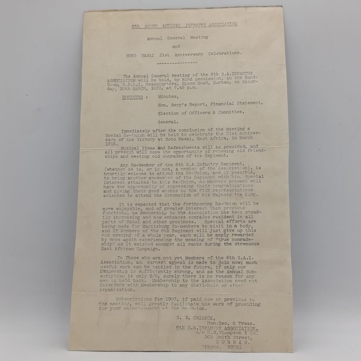 Invitation to and info on the 21st Soko Masai Anniversary Celebrations in 1937 - 6th SAI Association