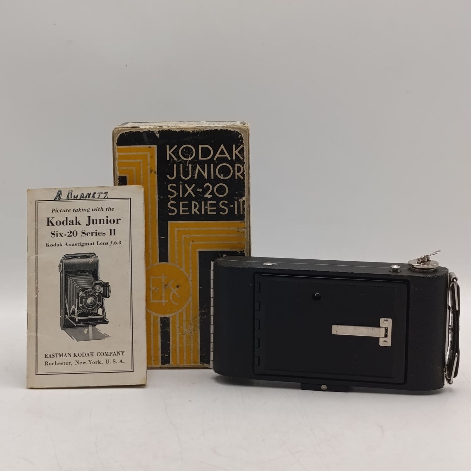 Vintage Kodak Junior Six - 20 Series II folding camera in box with booklet