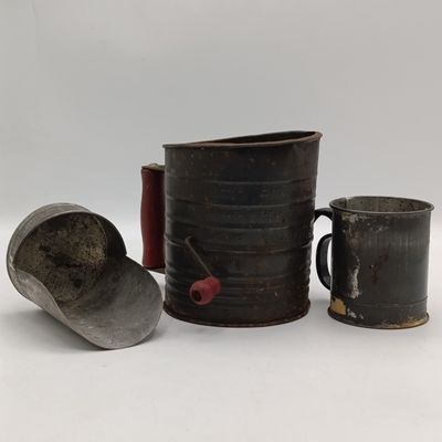 Pair of vintage flour sieves and scoop