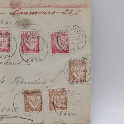 Postal cover from Portugal (CANO) to Paris France - 6 Oct 1932 - with 8 colorful Portugal stamps - Various wax seals on back