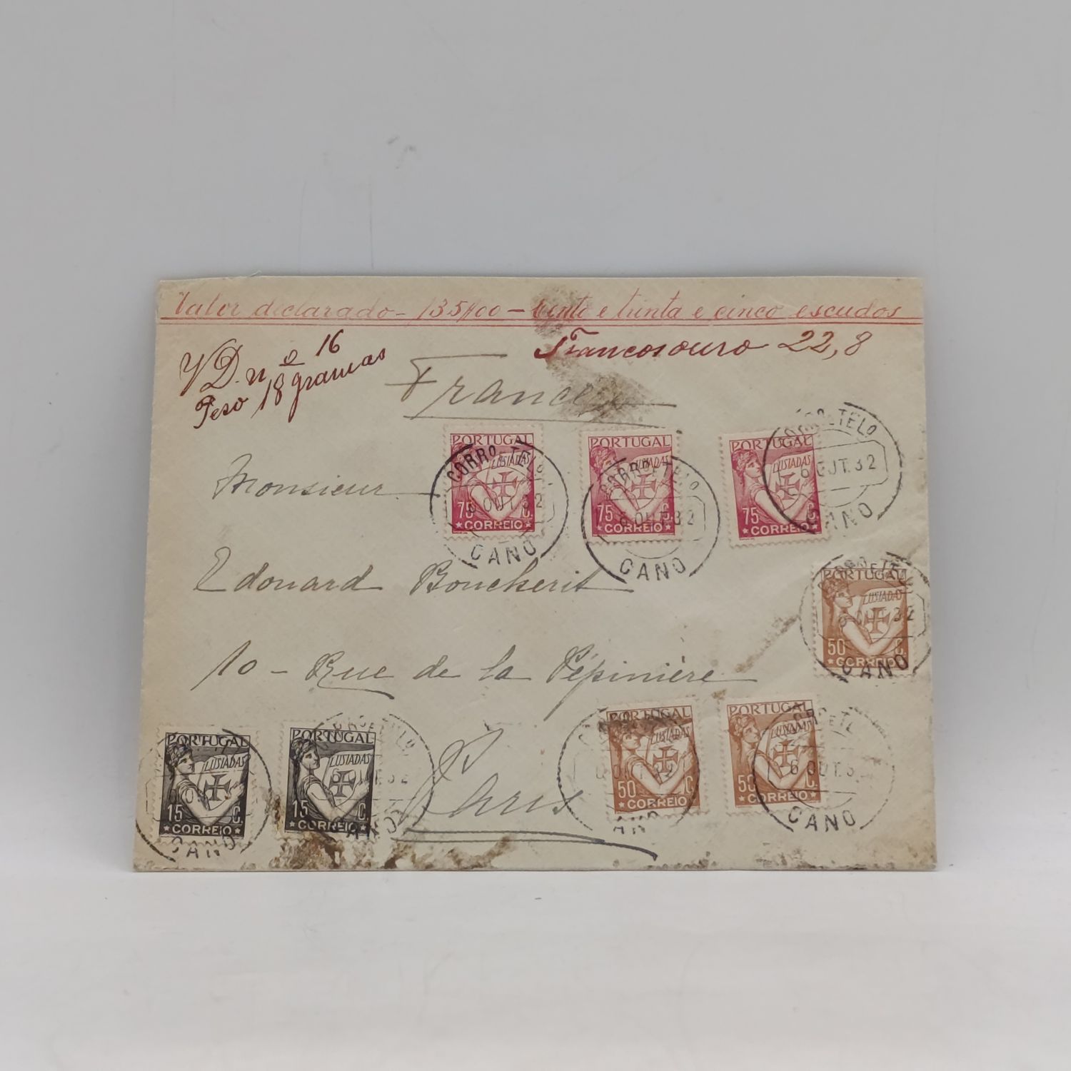 Postal cover from Portugal (CANO) to Paris France - 6 Oct 1932 - with 8 colorful Portugal stamps - Various wax seals on back