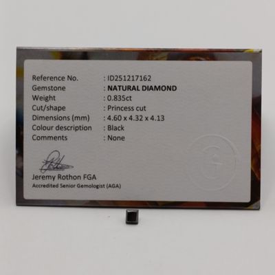 Princess cut natural black diamond of 0.835ct with GEMLAB certificate