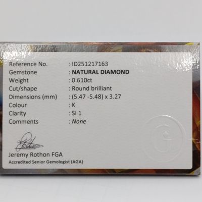Round Brilliant Natural diamond of 0.610ct - colour K, SI1 with GEMLAB certificate
