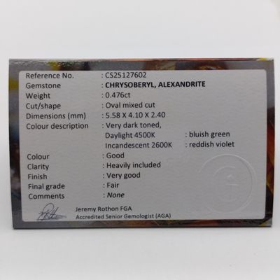 Oval mixed Chrysoberyl Alexandrite of 0.476ct with GEMLAB certificate