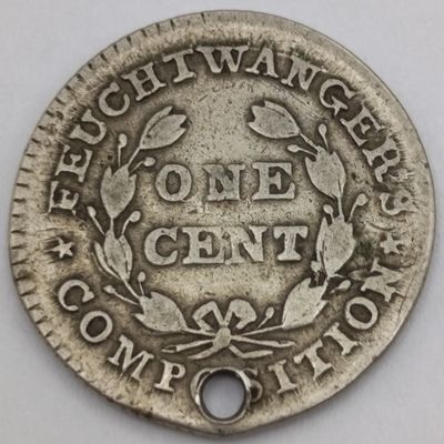 1837 USA hard time token - holed Feuchtwanger one cent