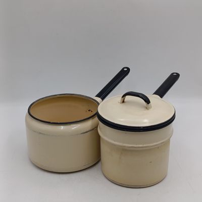 Vintage Enamel double boiler pot with beige and black colour