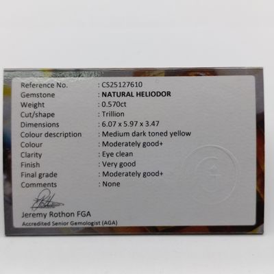 Natural Trillion cut Heliodor (Beryl) of 0.57ct - beautiful yellow color with GEMLAB Certificate