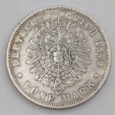 1876 B German Prussia 5 Mark VF+/XF
