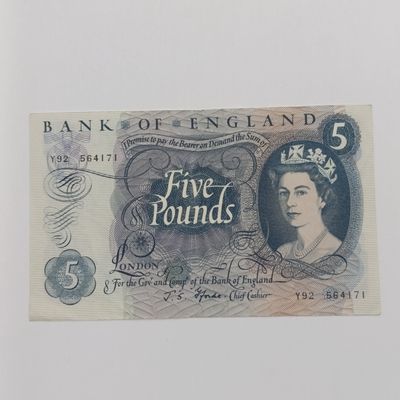 Bank of England small blue Fiver 5 pound late 1960's banknote