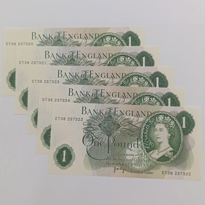 Bank of England lot of 5 consecutive numbered 1 pound banknotes