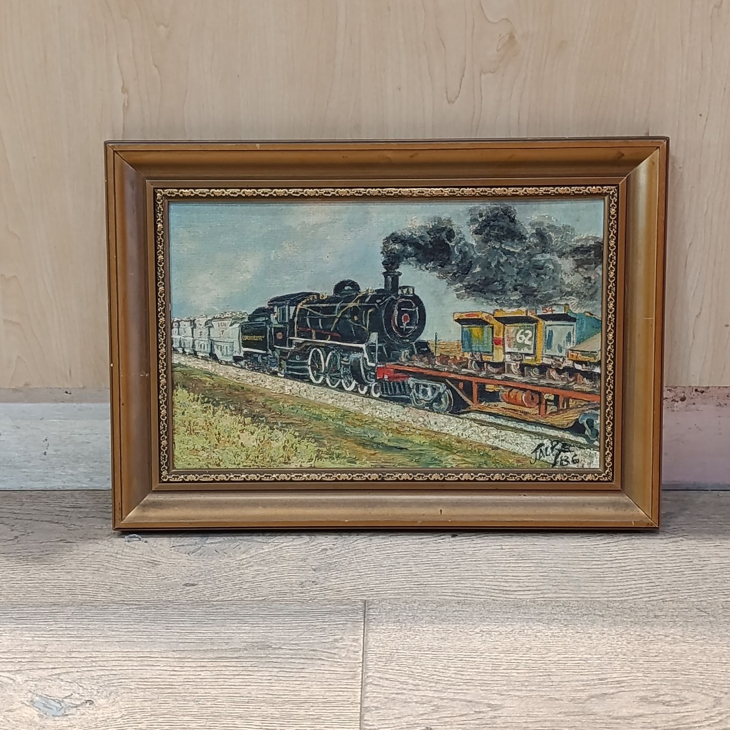 Beautiful oil painting of Locomotive transporting drill steel by Artist JAC Robinson
