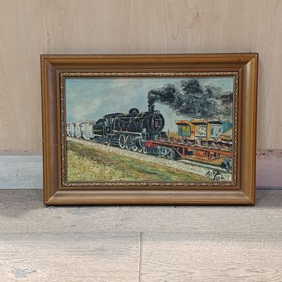 Beautiful oil painting of Locomotive transporting drill steel by Artist JAC Robinson