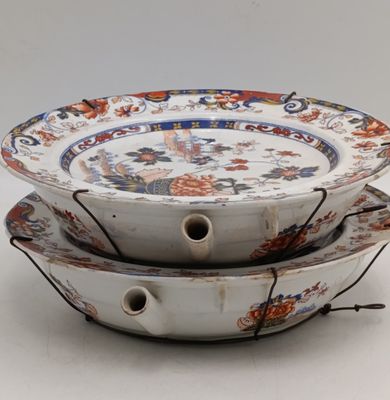 Pair of Minton Amherst Japan water heated serving dishes - circa 1850's - some damage