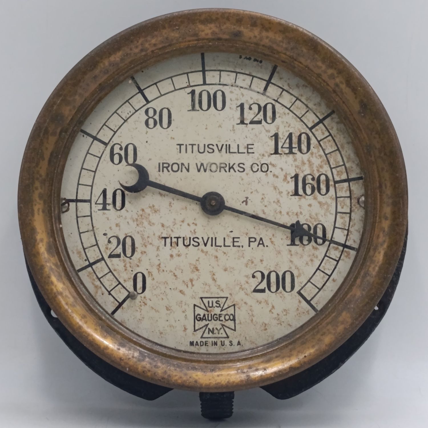 Antique brass Titusville Iron works pressure gauge