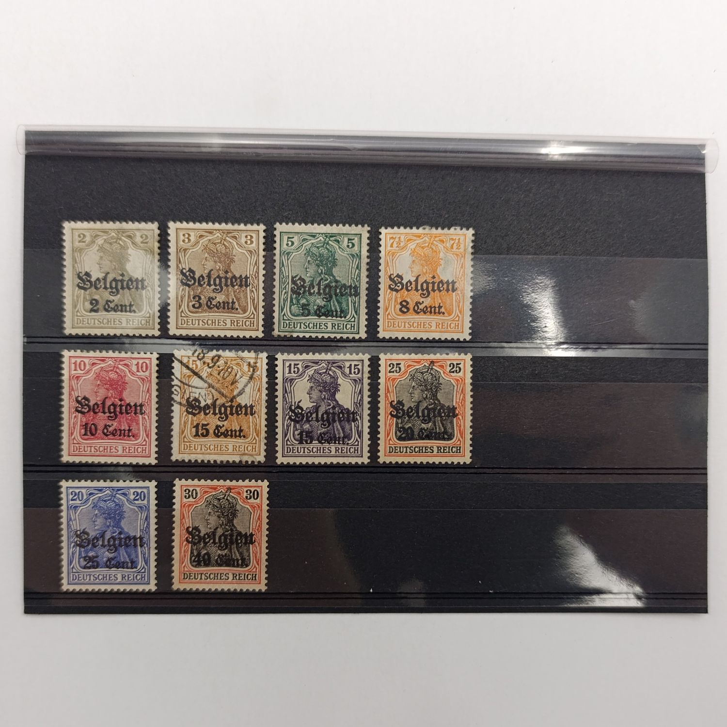 WW1 set of 10 German occupation of Belguim stamps 9 is Muit Hinged one used - no glue