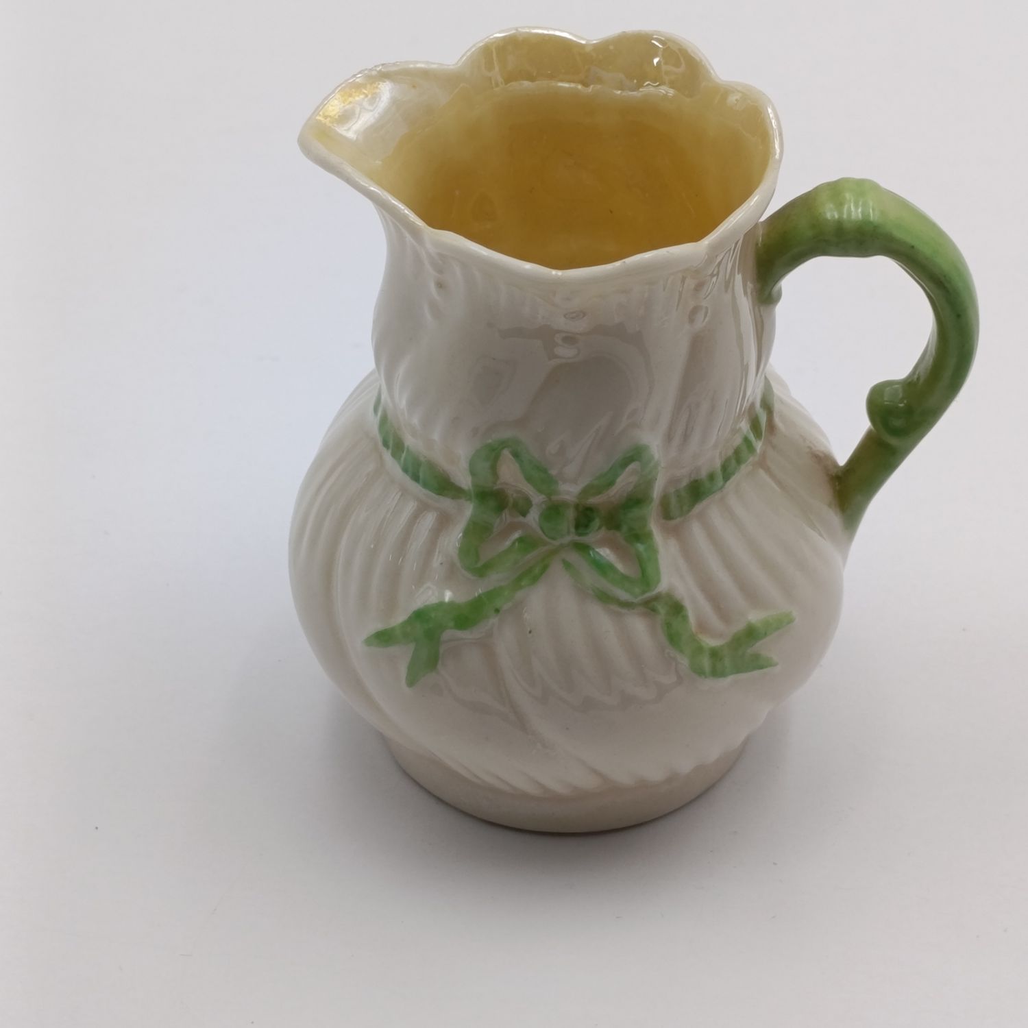 Vintage Belleek Co Creamer / milk jug - Green Ribbon pattern