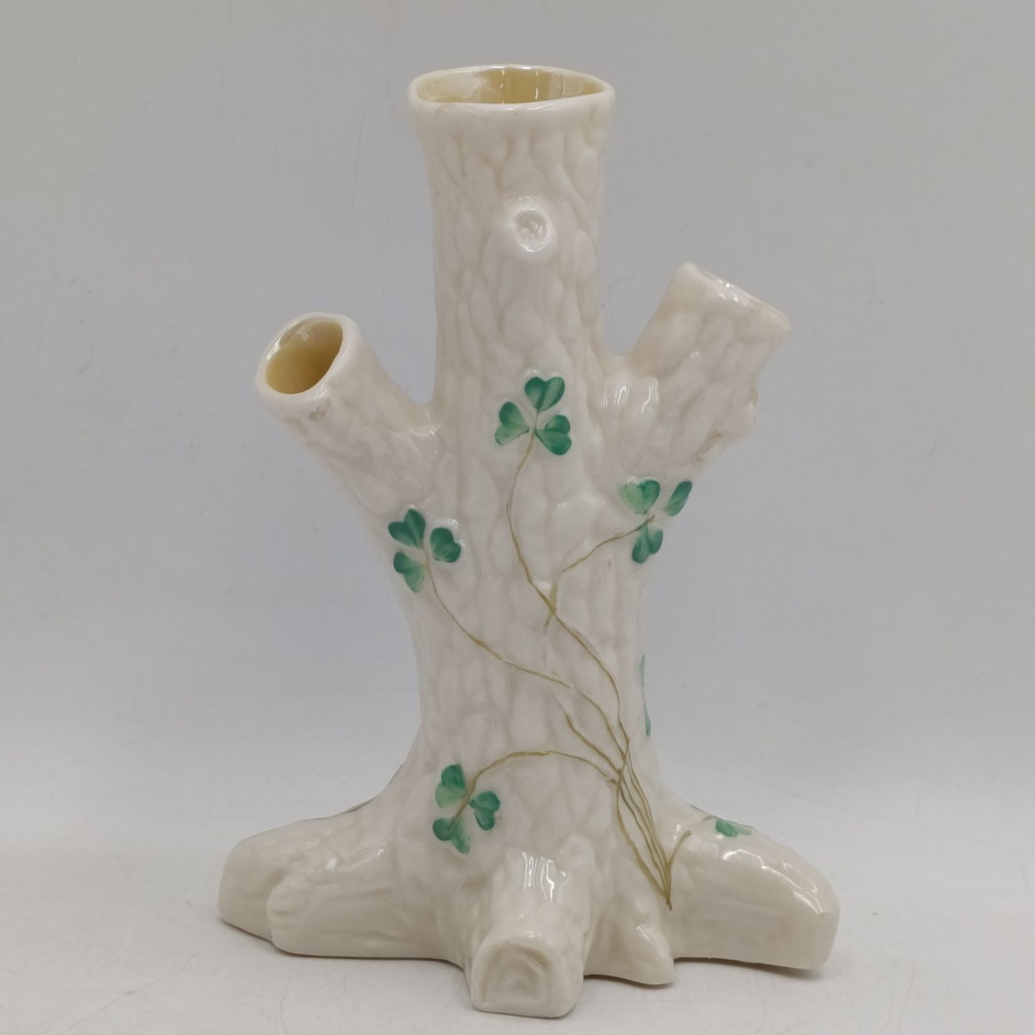 Vintage Belleek Co 0857 Shamrock tree trunk vase