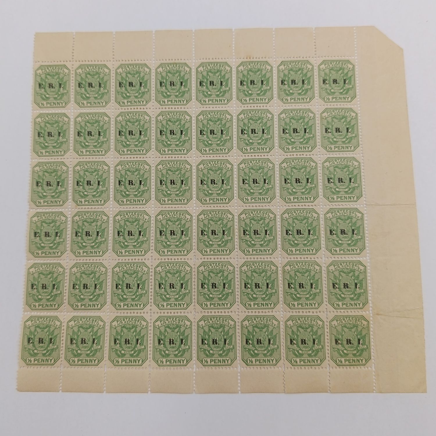 Block of 48 x 1/2 penny ZAR stamps with E.R.I. overprint 3 variations indicated with arrows - mint stamps
