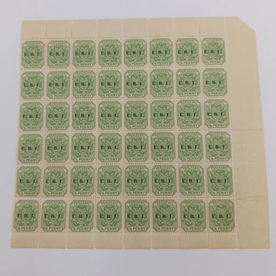 Block of 48 x 1/2 penny ZAR stamps with E.R.I. overprint 3 variations indicated with arrows - mint stamps