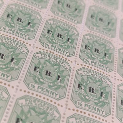 Block of 48 x 1/2 penny ZAR stamps with E.R.I. overprint 3 variations indicated with arrows - mint stamps