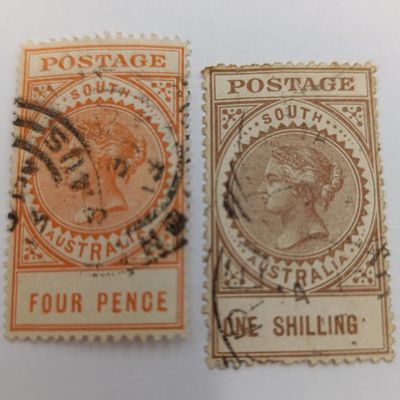 South Australia Victoria Four Pence and one shilling used stamps