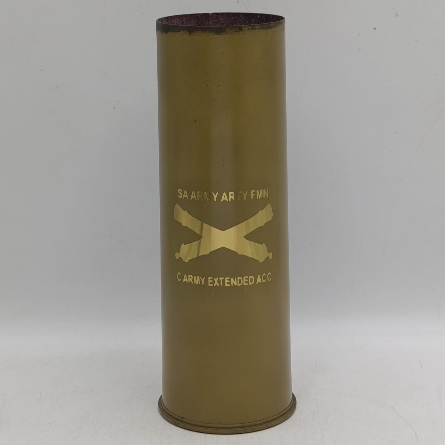 SA Army Artillery C Army trophy made from 88mm 25 pounder blank cannon shell