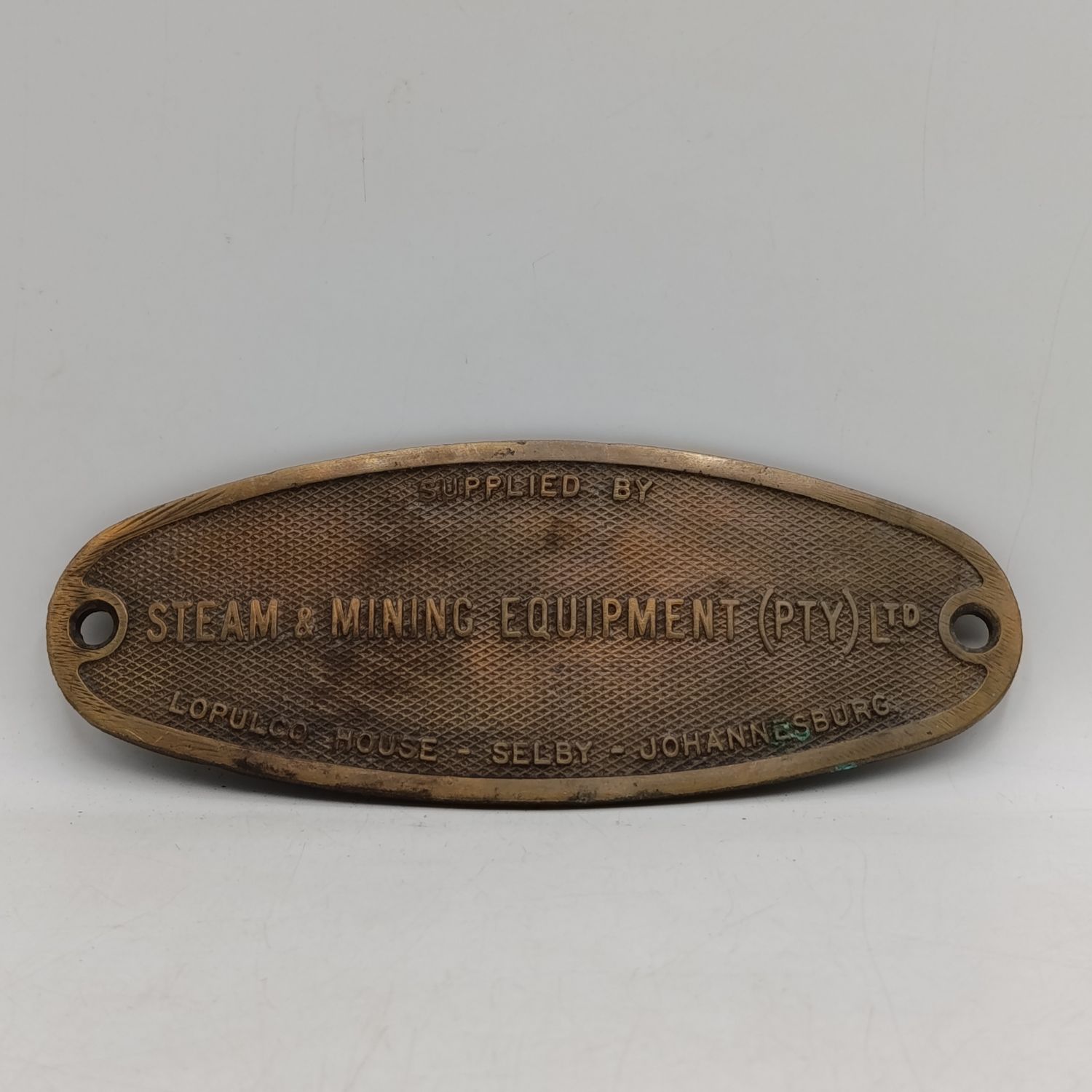 Antique Steam and Mining Equipment (Pty) Ltd brass names plate